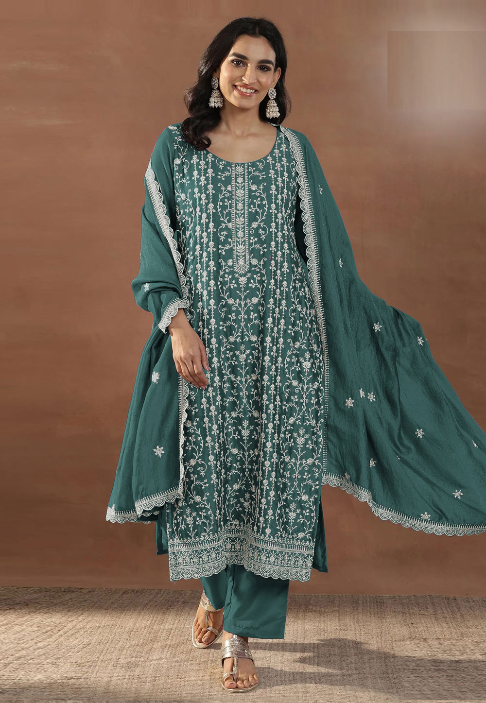 Sea Green Silk Embroidered Pakistani Suit 328135