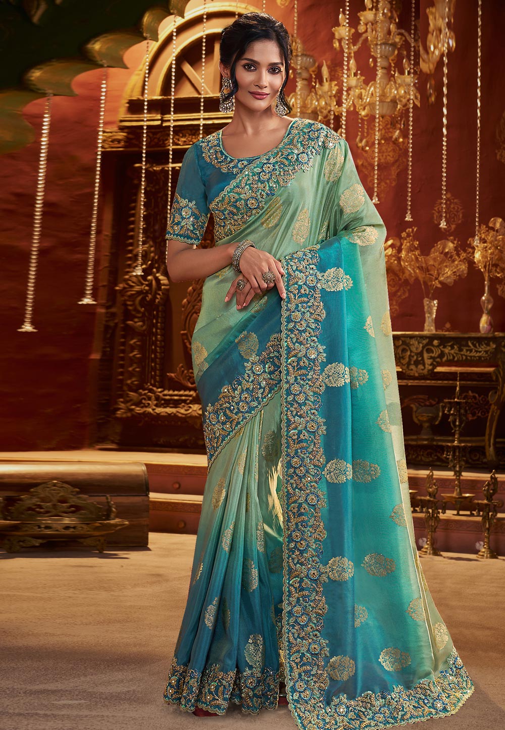 Sea Green Silk Half N Half Saree 321687