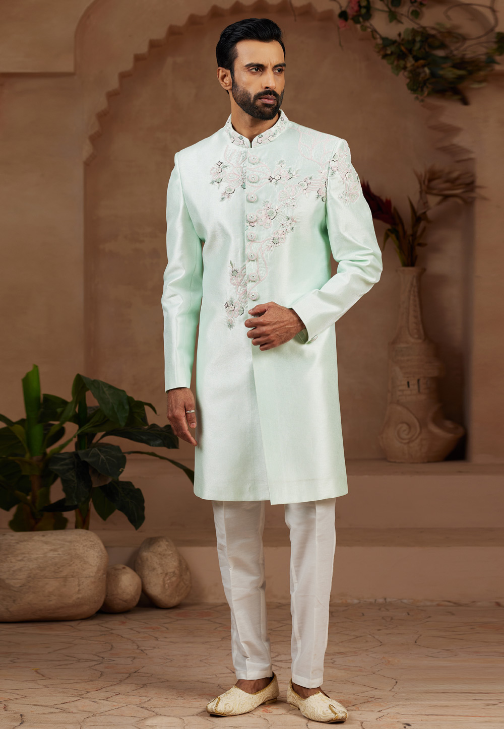 Sea Green Silk Indo Western Sherwani 306713