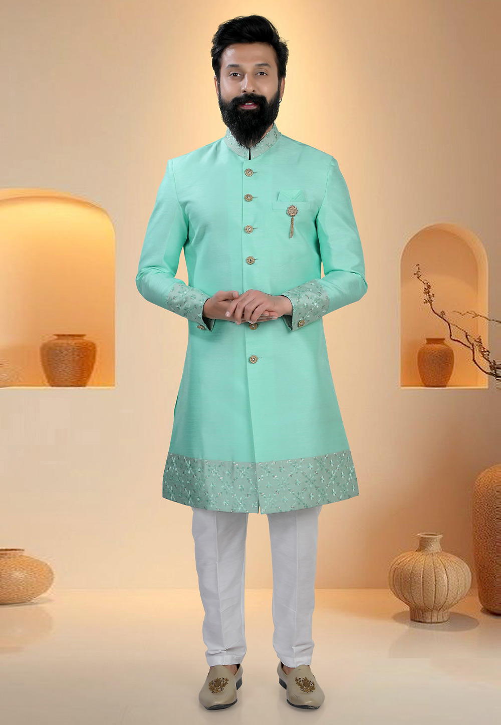 Sea Green Silk Indo Western Suit 321301