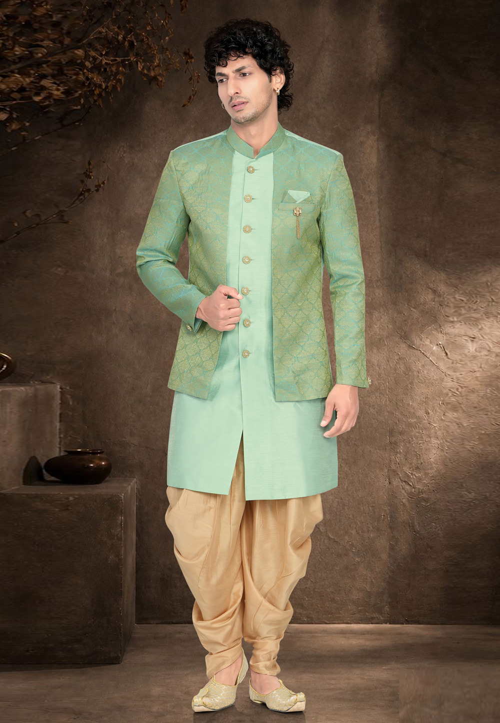 Sea Green Silk Indo Western Suit 329904