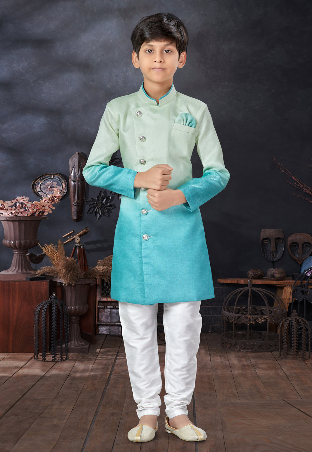Sea Green Silk Kids Indo Western Sherwani 279093