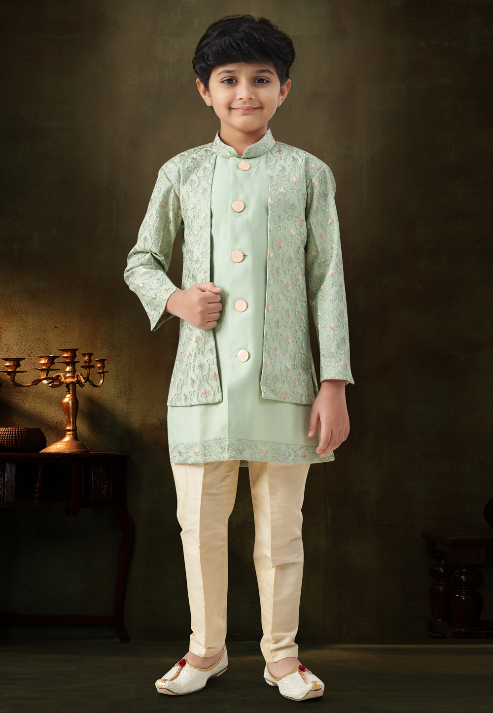 Sea Green Silk Kids Indo Western Suit 324273