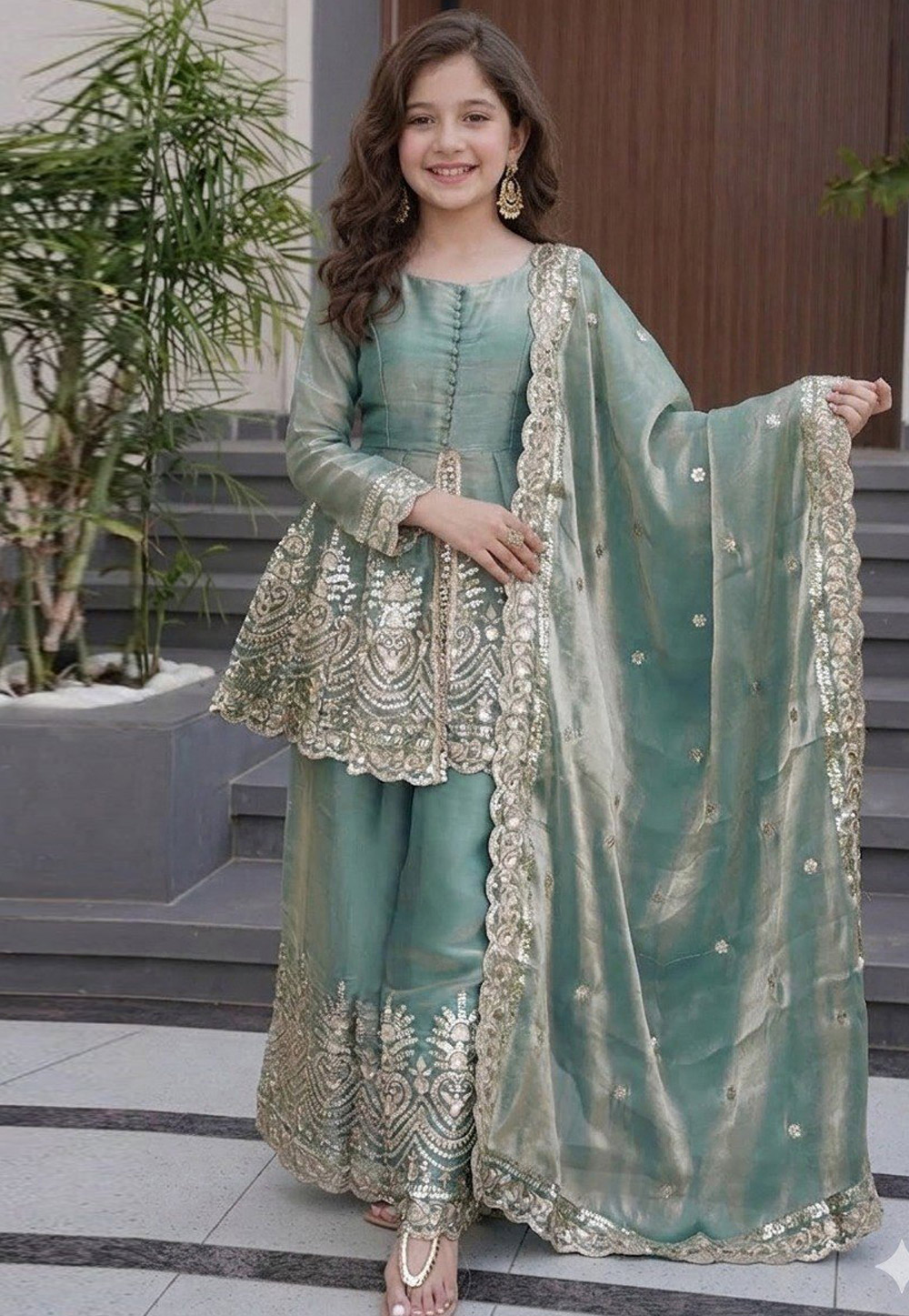 Sea Green Silk Kids Palazzo Suit 330205