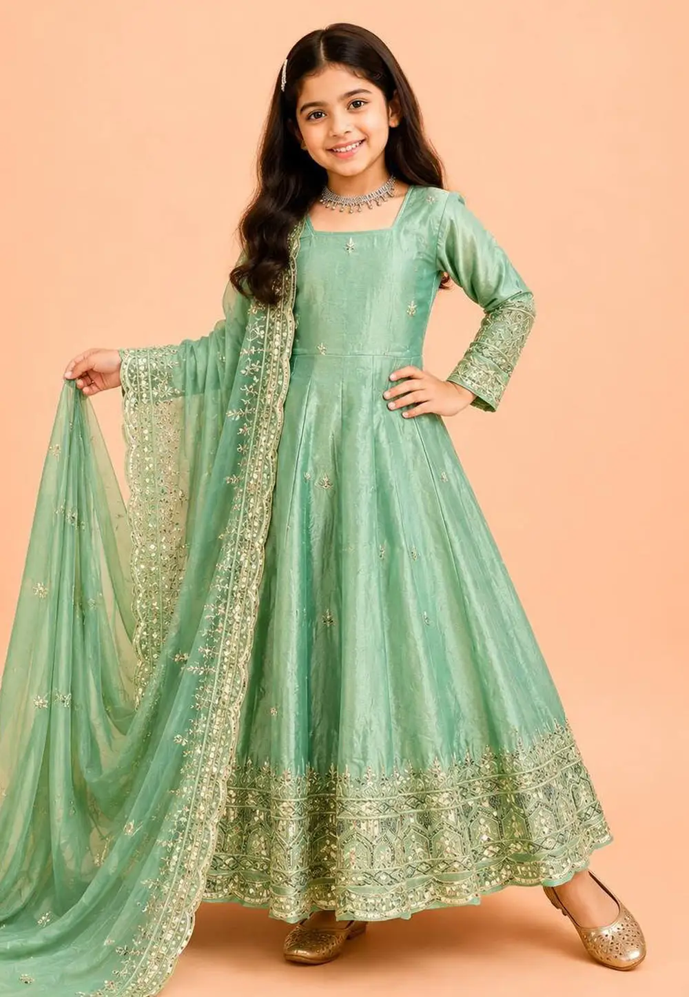 Sea Green Silk Kids Salwar Suit 334099