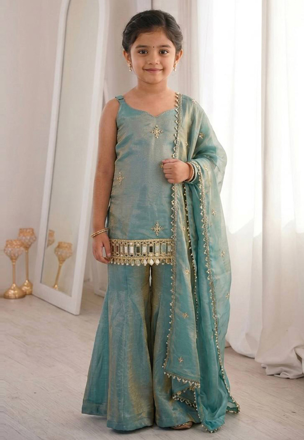 Sea Green Silk Kids Salwar Suit 327502