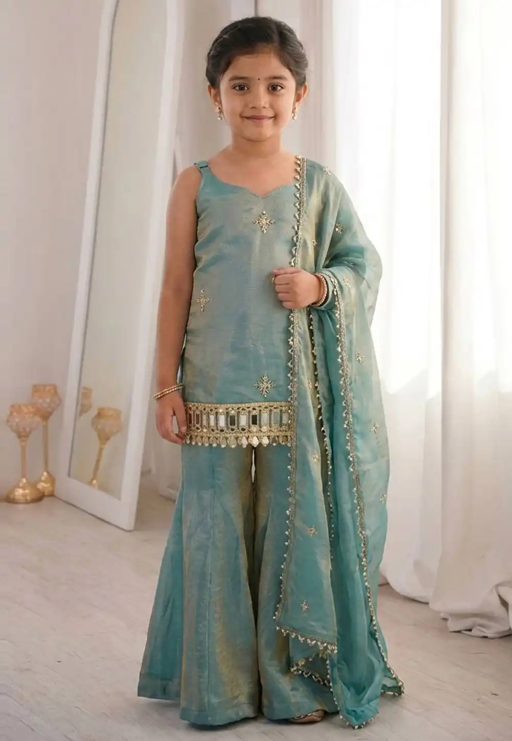Sea Green Silk Kids Salwar Suit 327502