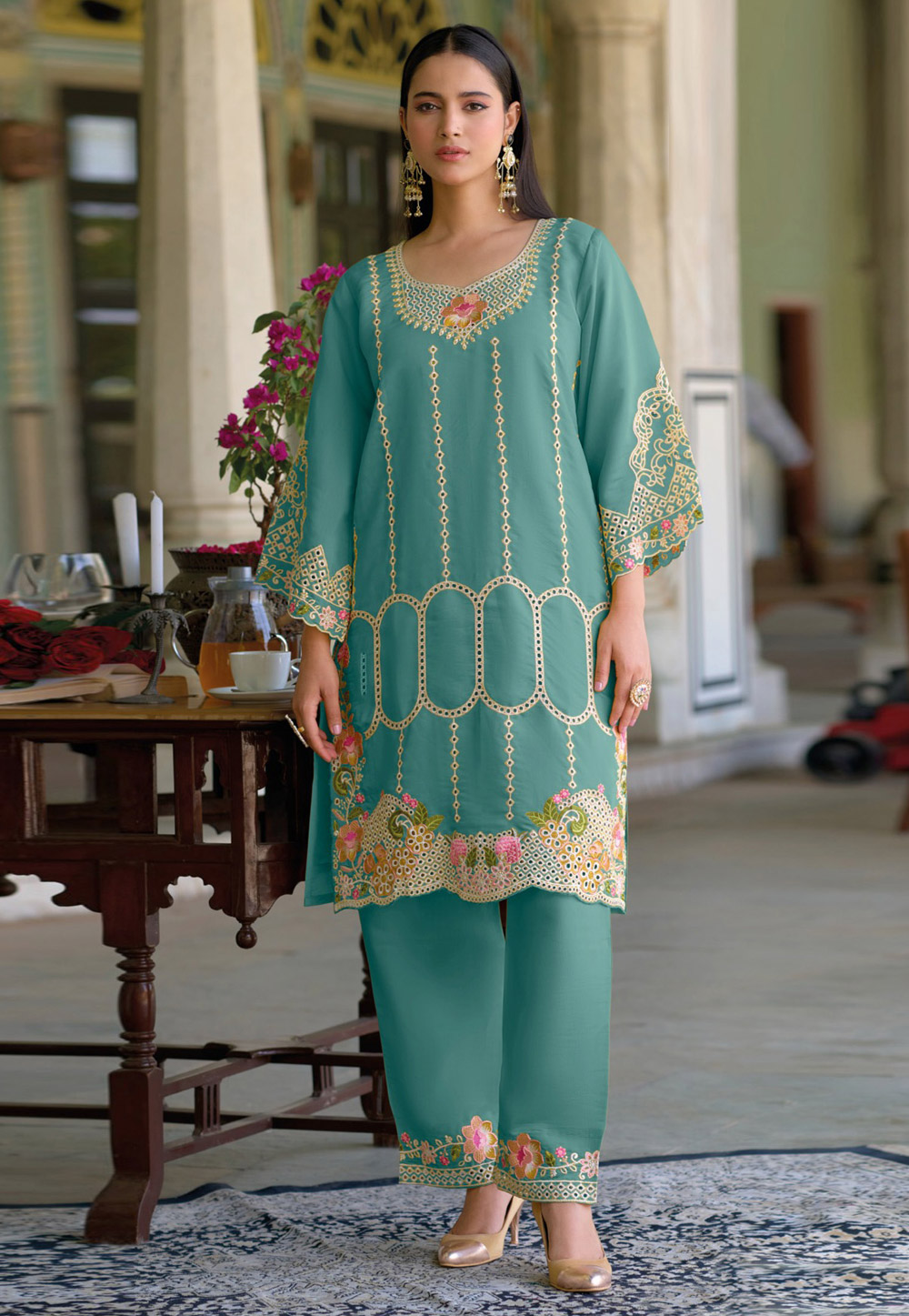 Sea Green Silk Kurta Set With Pant 309585