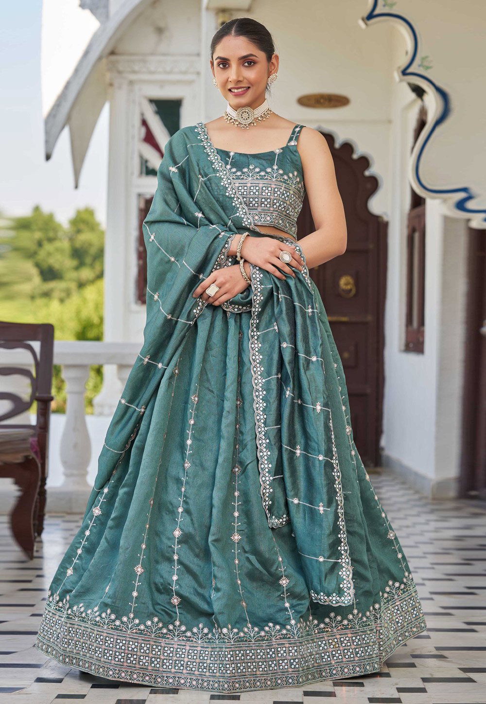 Sea Green Silk Lehenga Choli 307845
