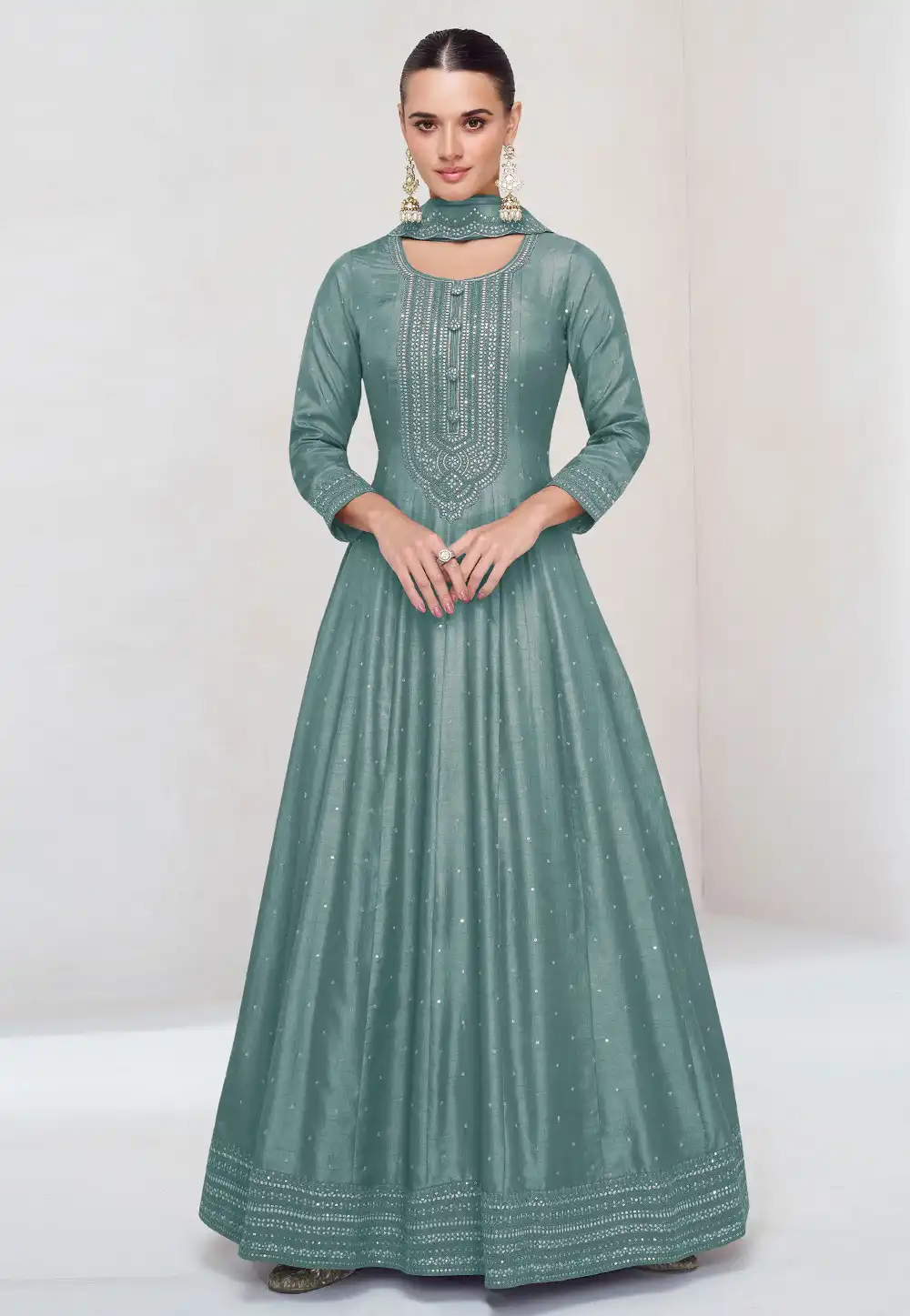 Sea Green Silk Long Anarkali Suit 314597