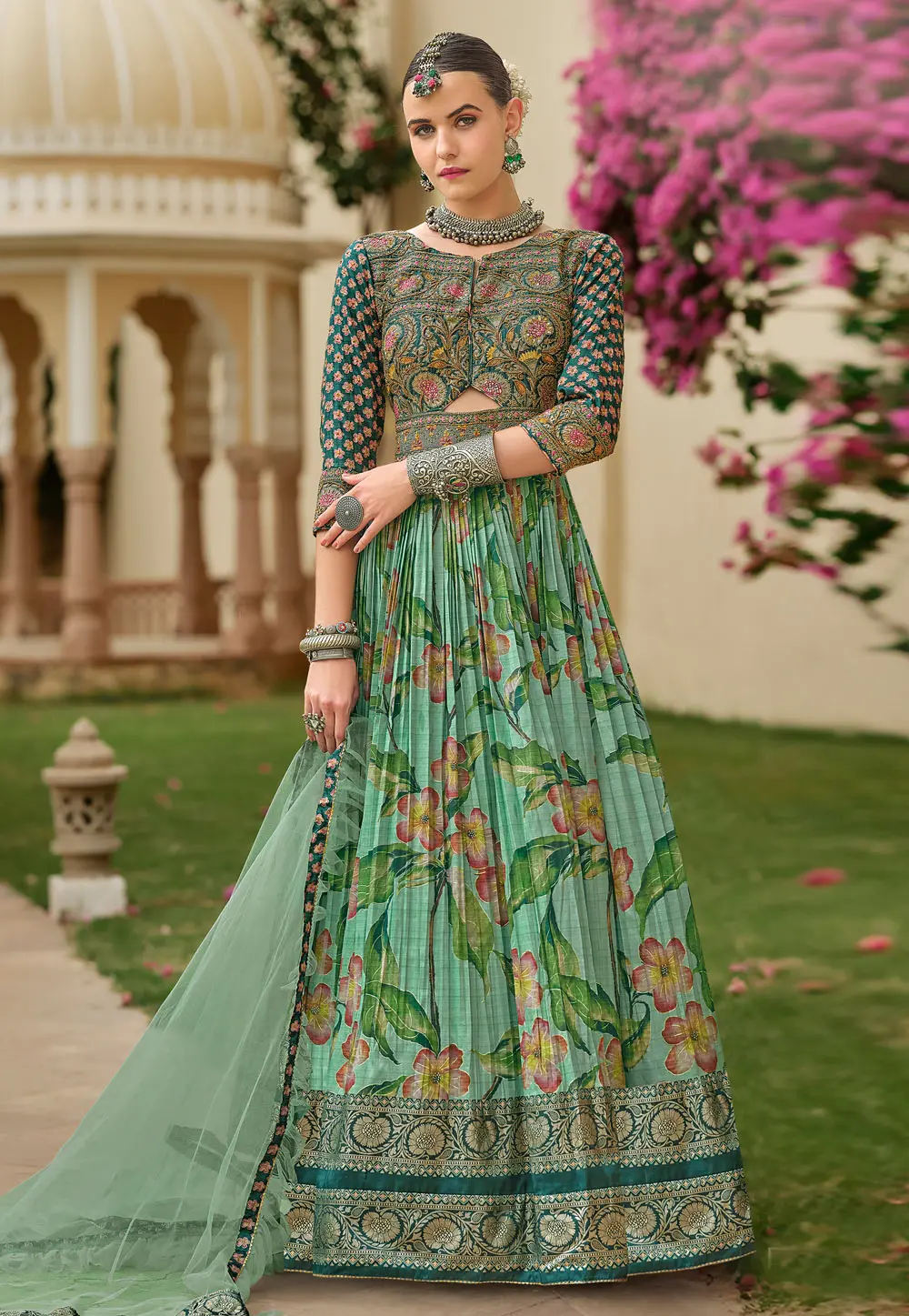 Sea Green Silk Long Anarkali Suit 303357