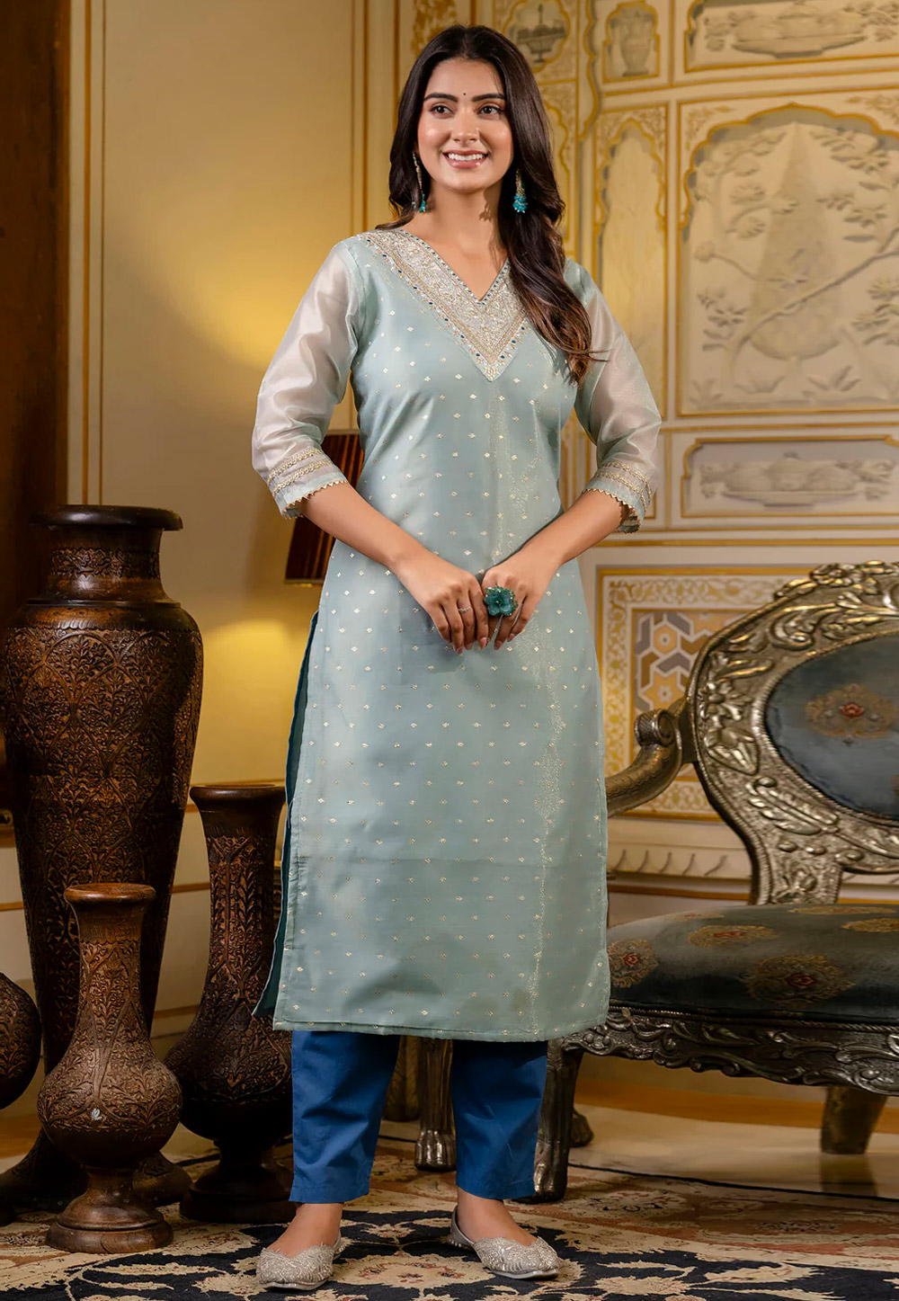 Sea Green Silk Long Kurti 307057