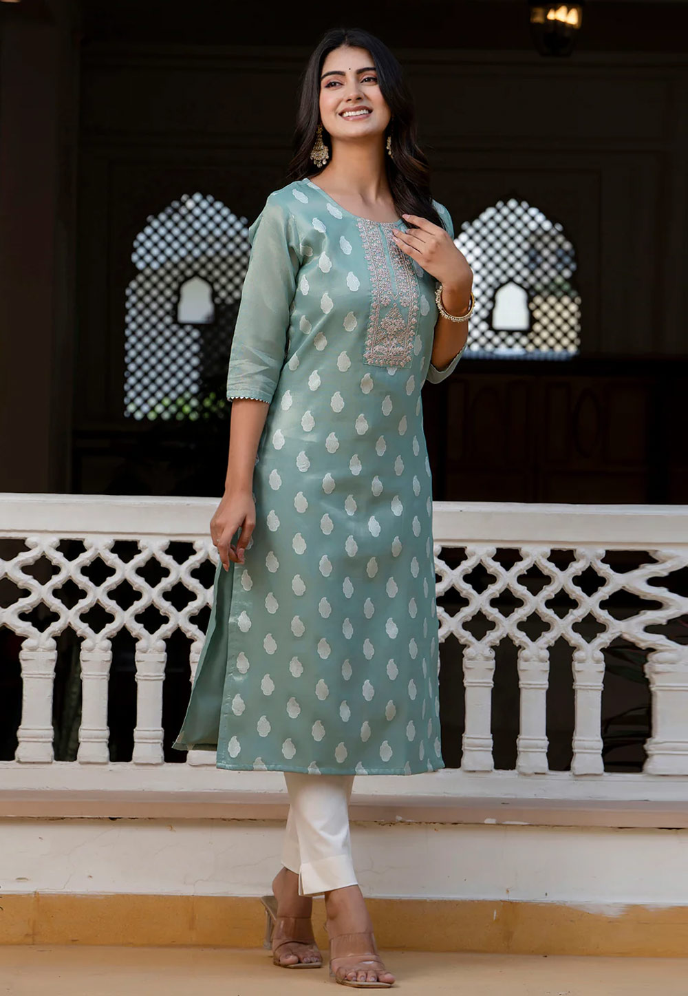 Sea Green Silk Long Kurti 307059