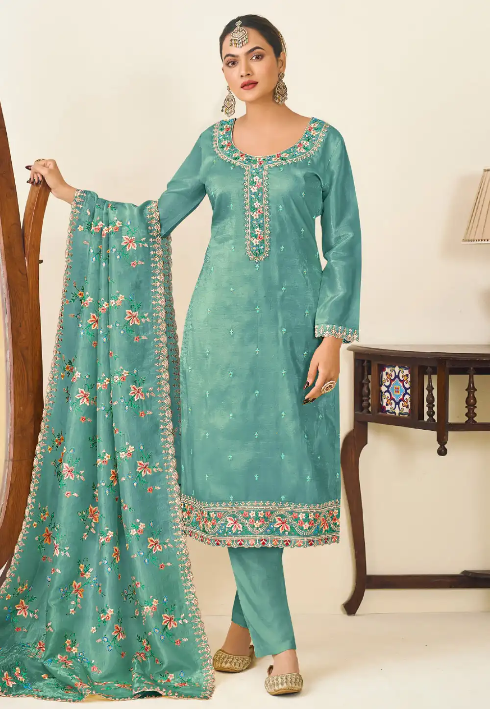 Sea Green Silk Pakistani Suit 309322