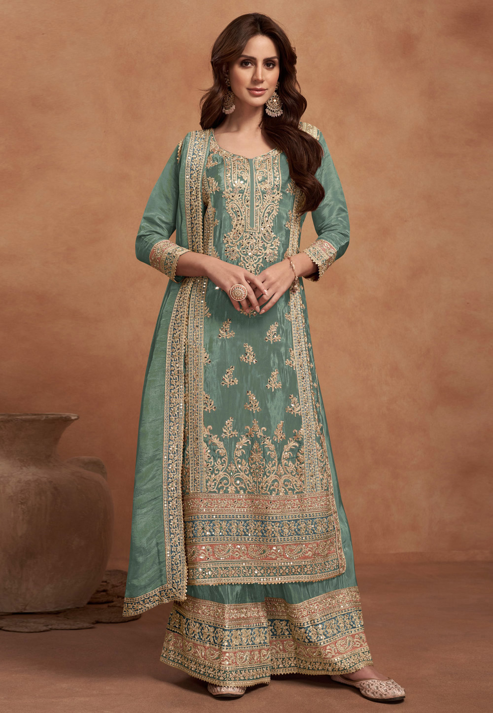 Sea Green Silk Palazzo Suit 308413