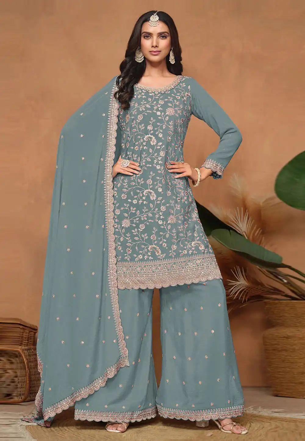 Sea Green Silk Palazzo Suit 328541