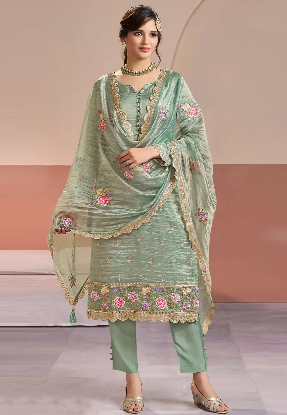 Sea Green Silk Pant Style Suit 327683