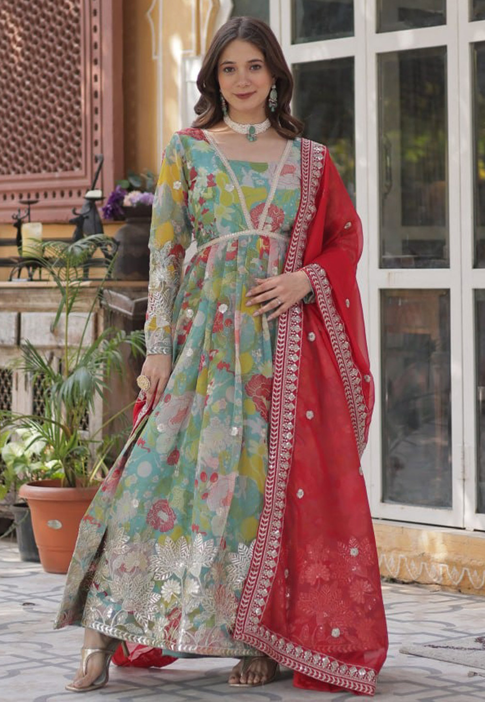 Sea Green Silk Readymade Anarkali Suit 308846