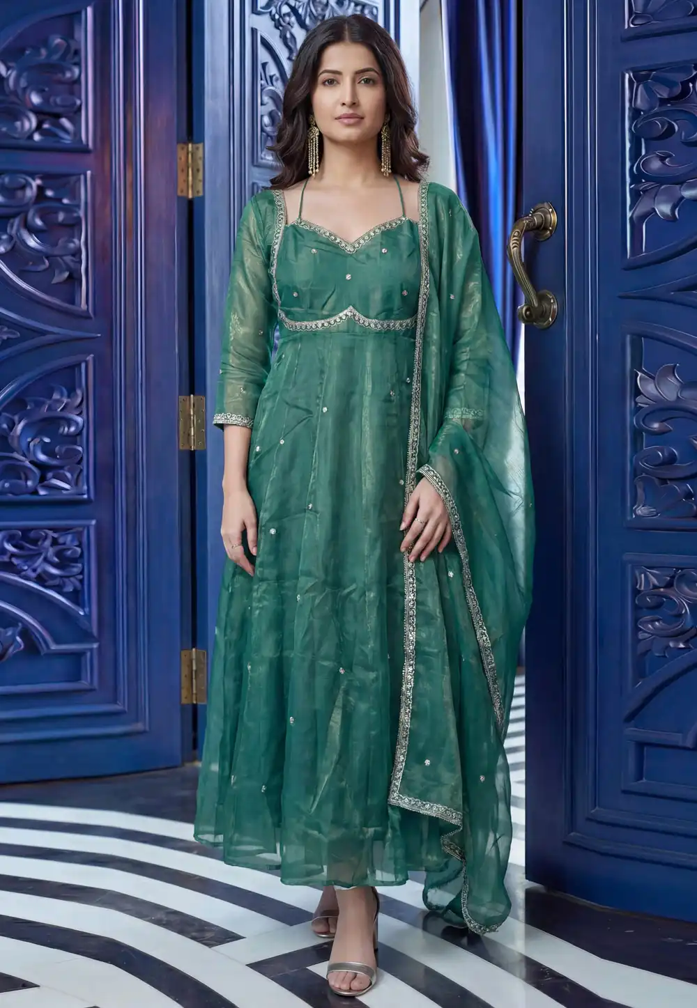 Sea Green Silk Readymade Anarkali Suit 325465
