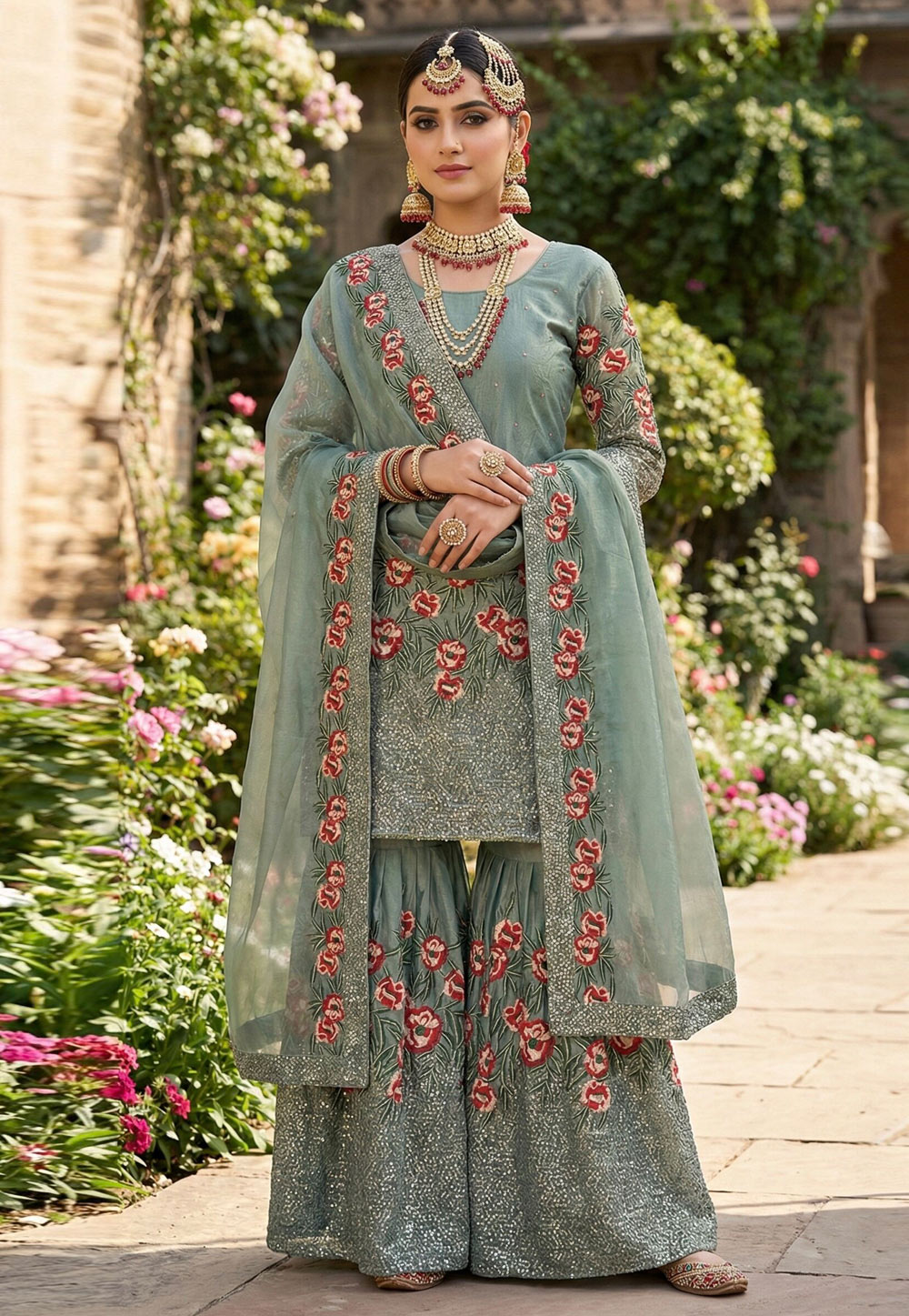 Sea Green Silk Readymade Gharara Suit 325488