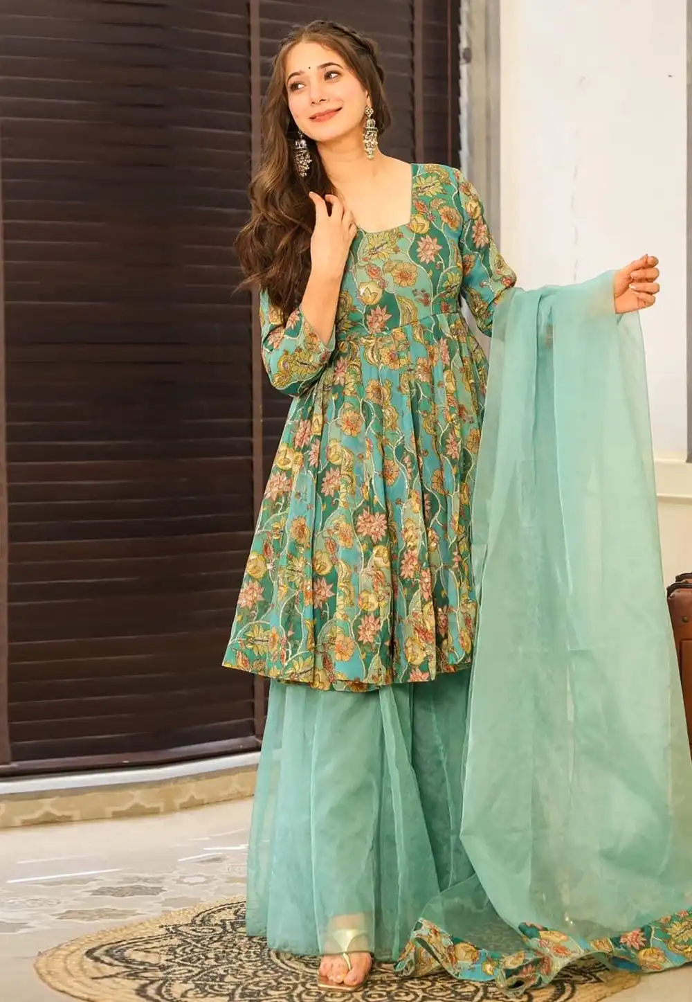 Sea Green Silk Readymade Gharara Suit 320741