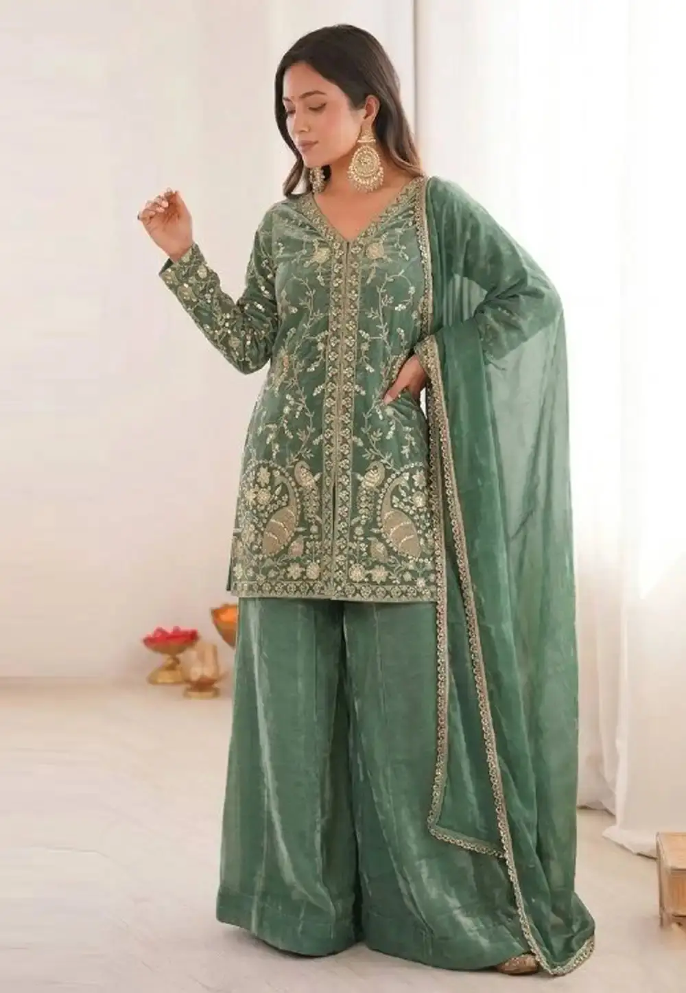 Sea Green Silk Readymade Pakistani Suit 328295
