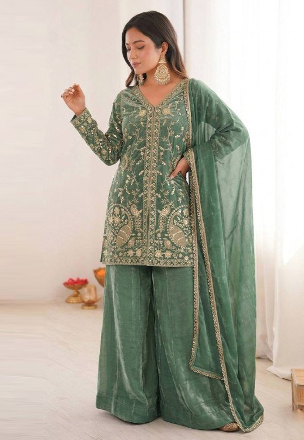 Sea Green Silk Readymade Pakistani Suit 328295