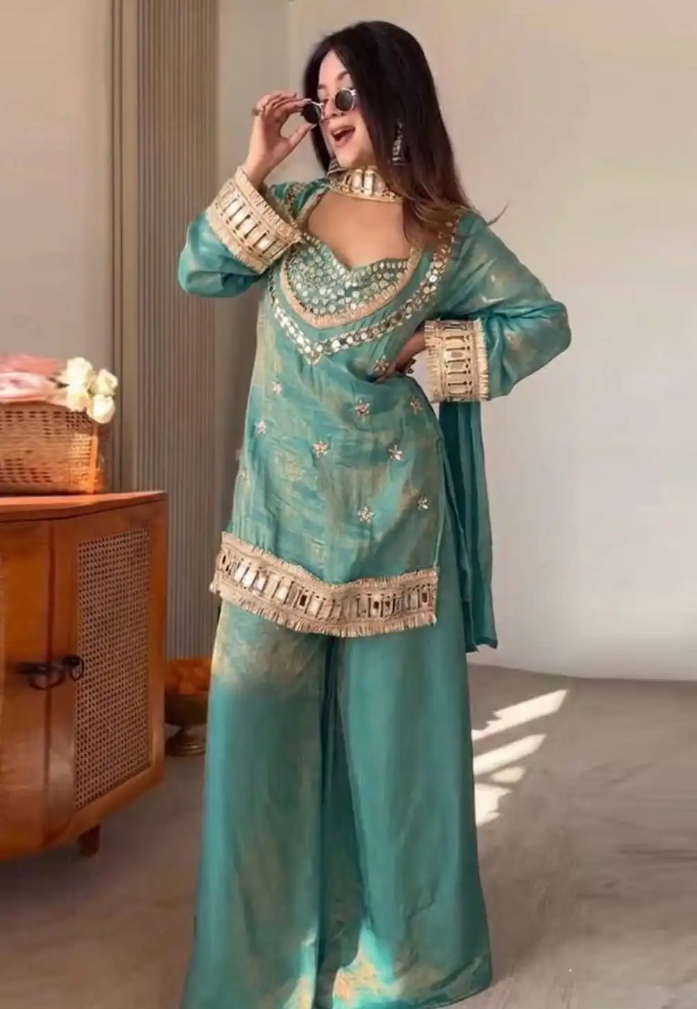 Sea Green Silk Readymade Pakistani Suit 327328