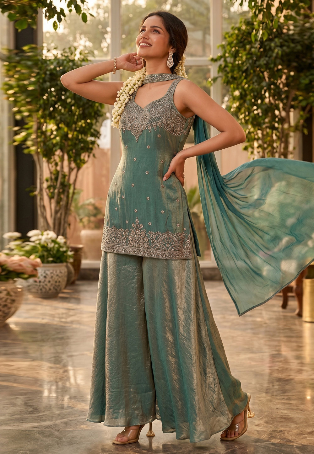 Sea Green Silk Readymade Palazzo Suit 328912