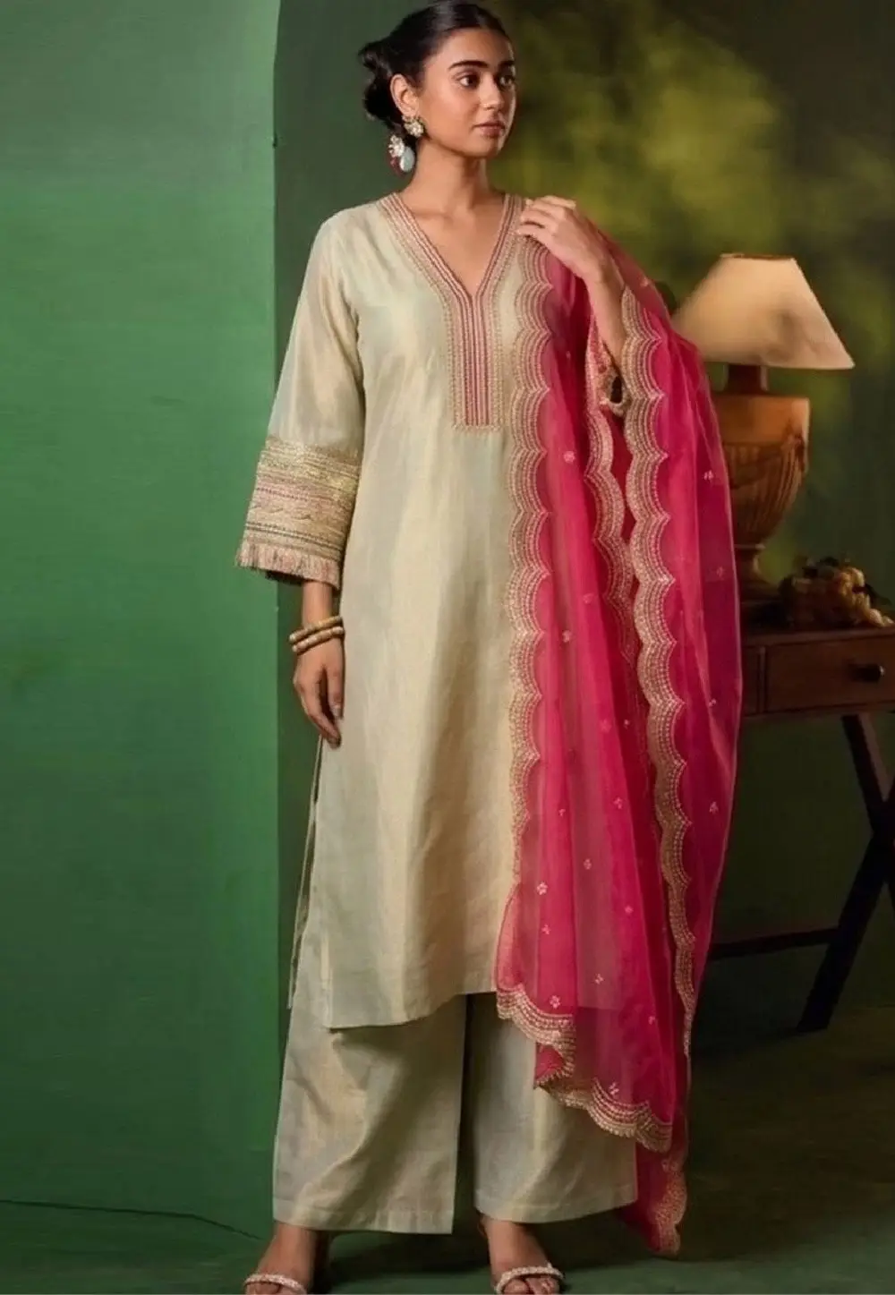 Sea Green Silk Readymade Palazzo Suit 334694