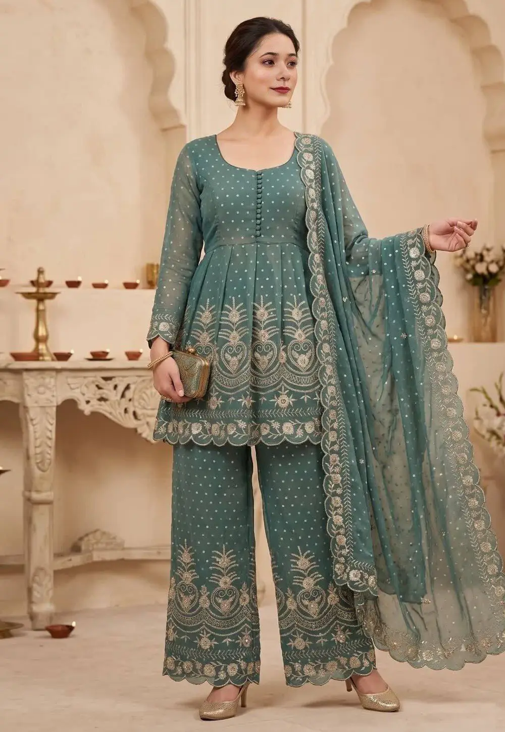 Sea Green Silk Readymade Palazzo Suit 335203