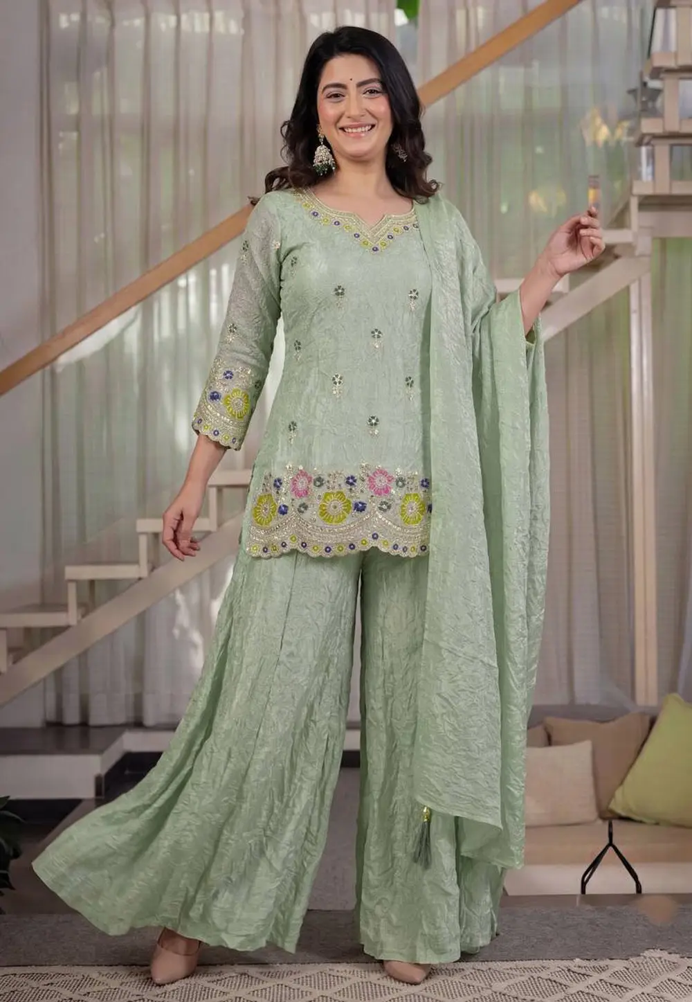 Sea Green Silk Readymade Palazzo Suit 336333