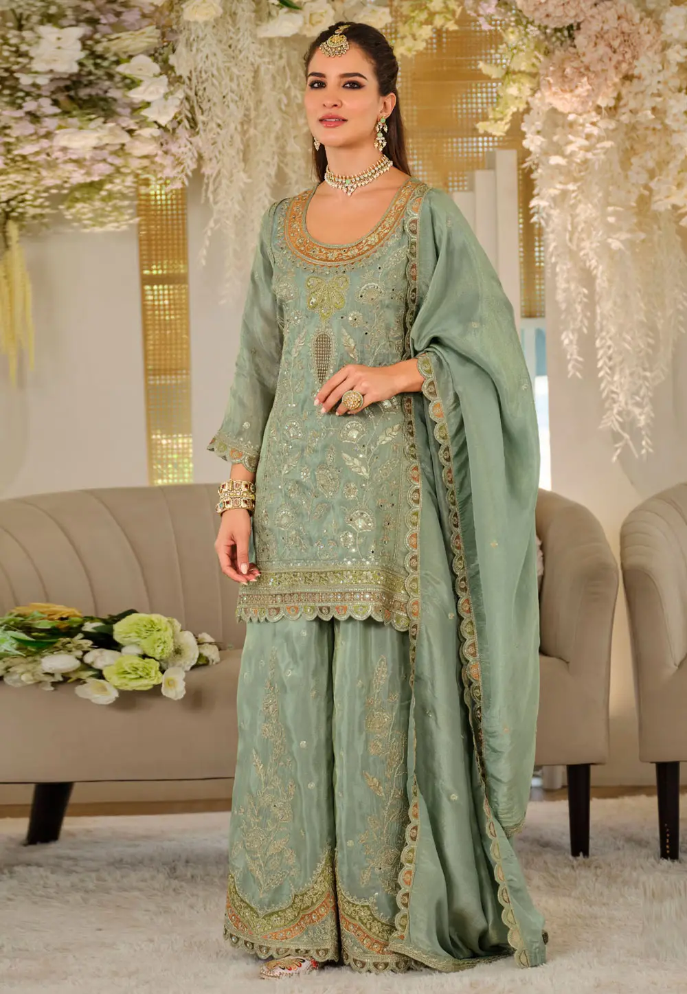 Sea Green Silk Readymade Palazzo Suit 333713