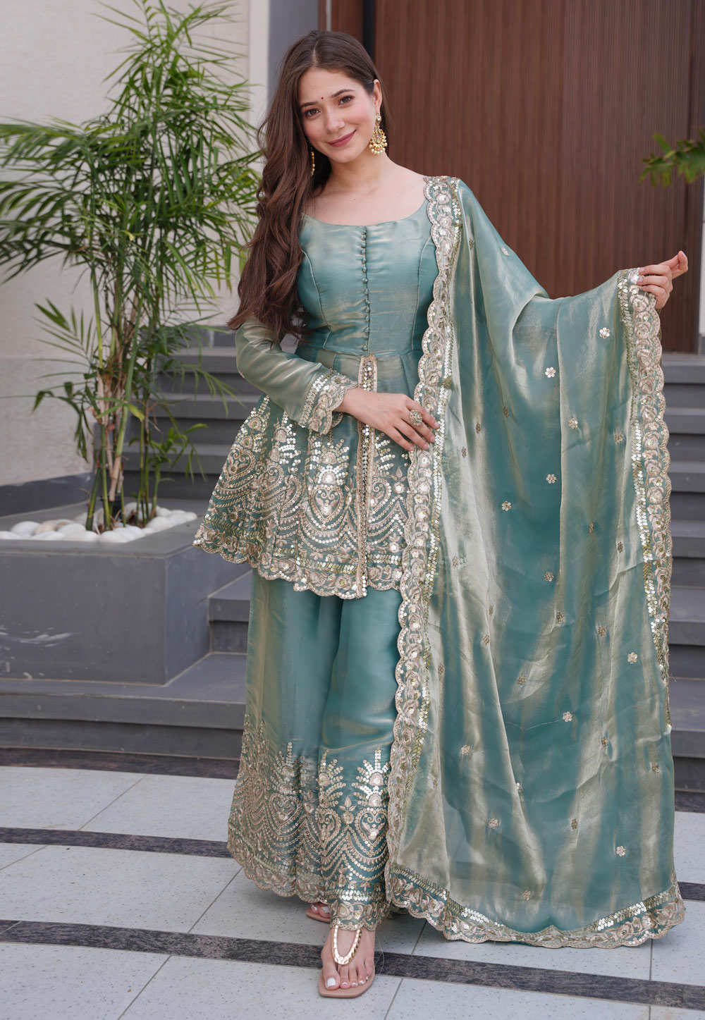 Sea Green Silk Readymade Palazzo Suit 322769