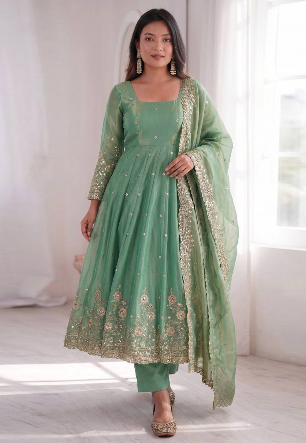 Sea Green Silk Readymade Pant Style Suit 329668