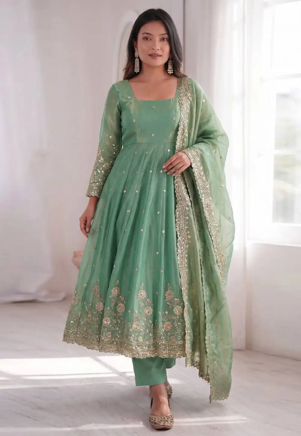 Sea Green Silk Readymade Pant Style Suit 329668