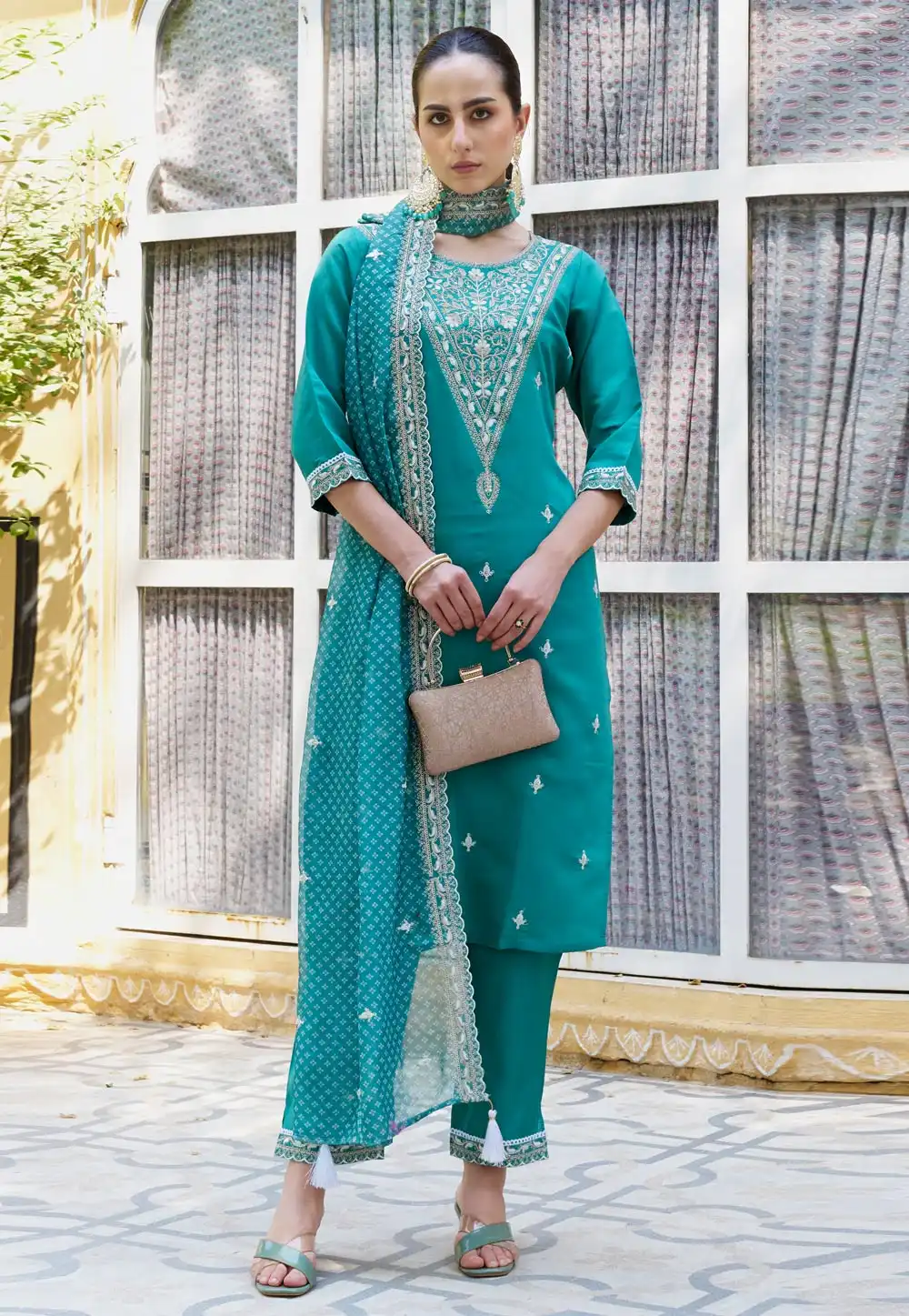 Sea Green Silk Readymade Pant Style Suit 325533