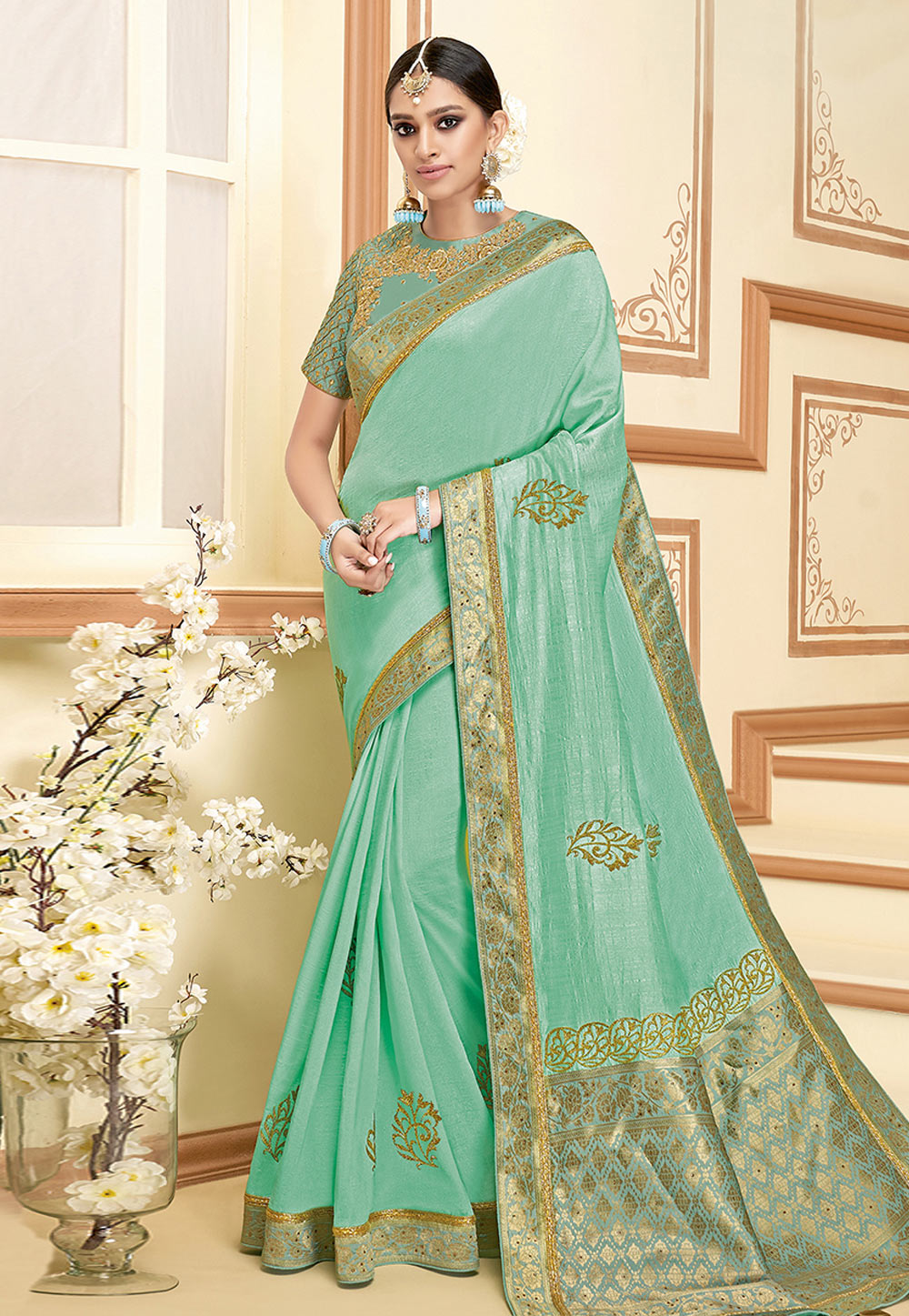 Sea Green Silk Saree With Blouse 280421