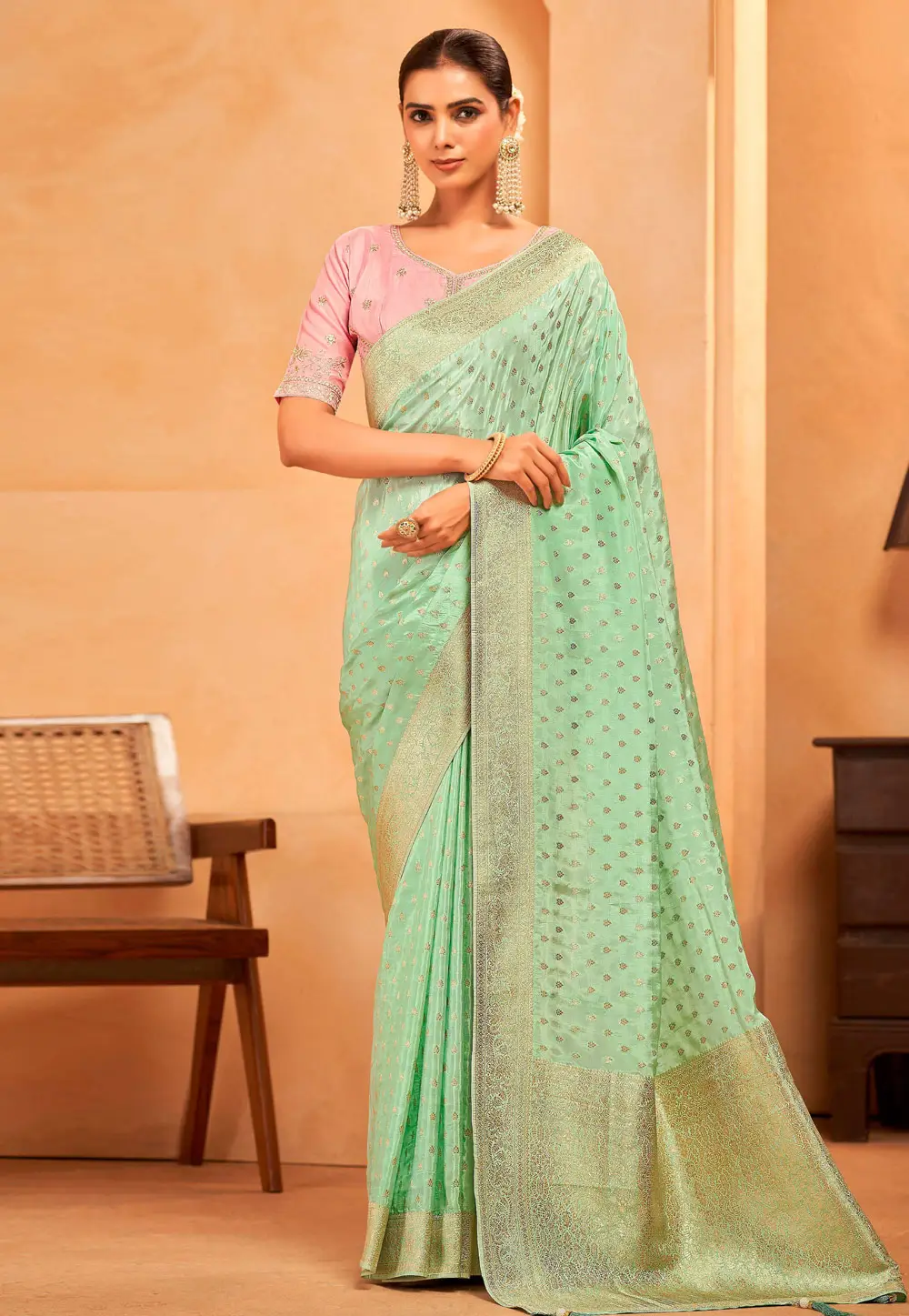 Sea Green Silk Saree With Blouse 335799