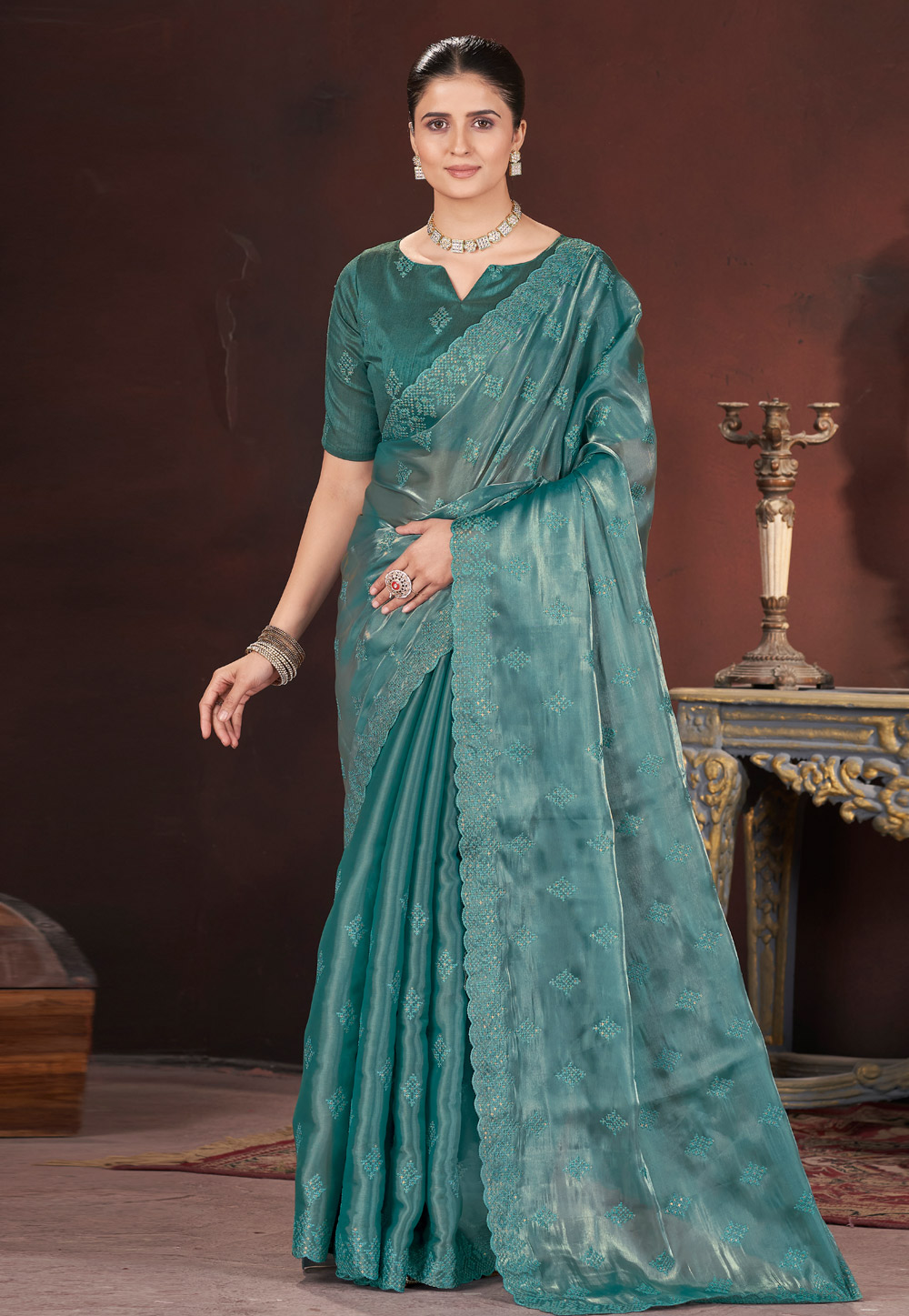 Sea Green Silk Saree With Blouse 308869
