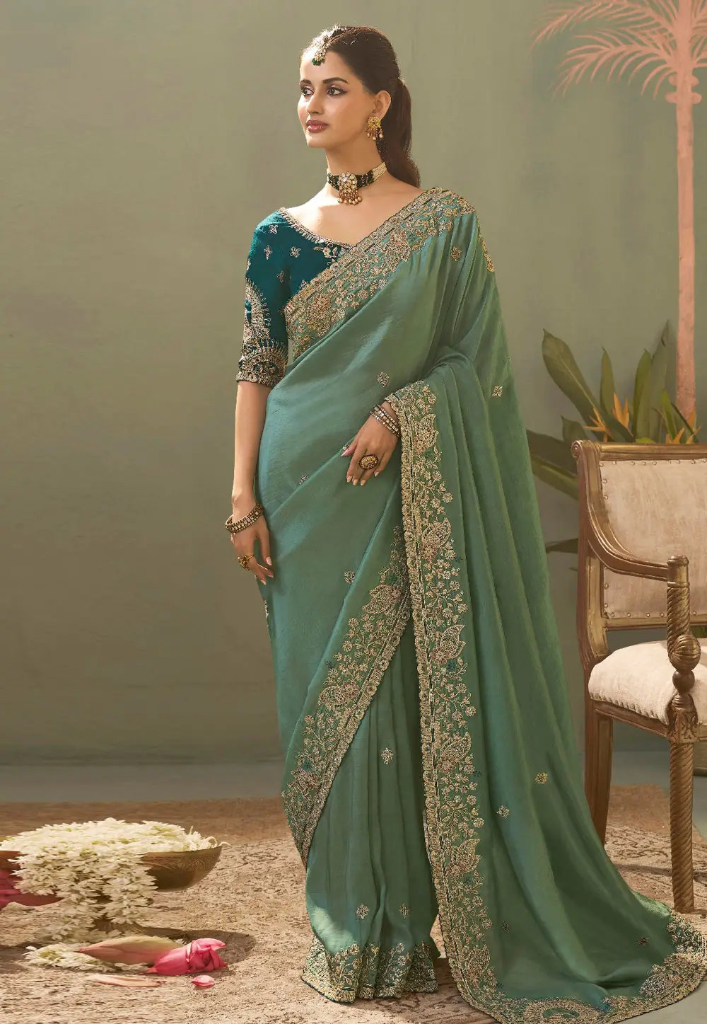 Sea Green Silk Saree With Blouse 333767
