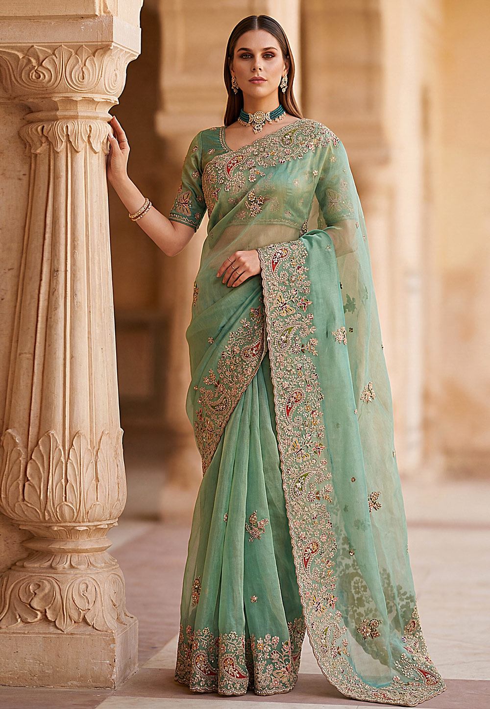 Sea Green Silk Saree With Blouse 327652