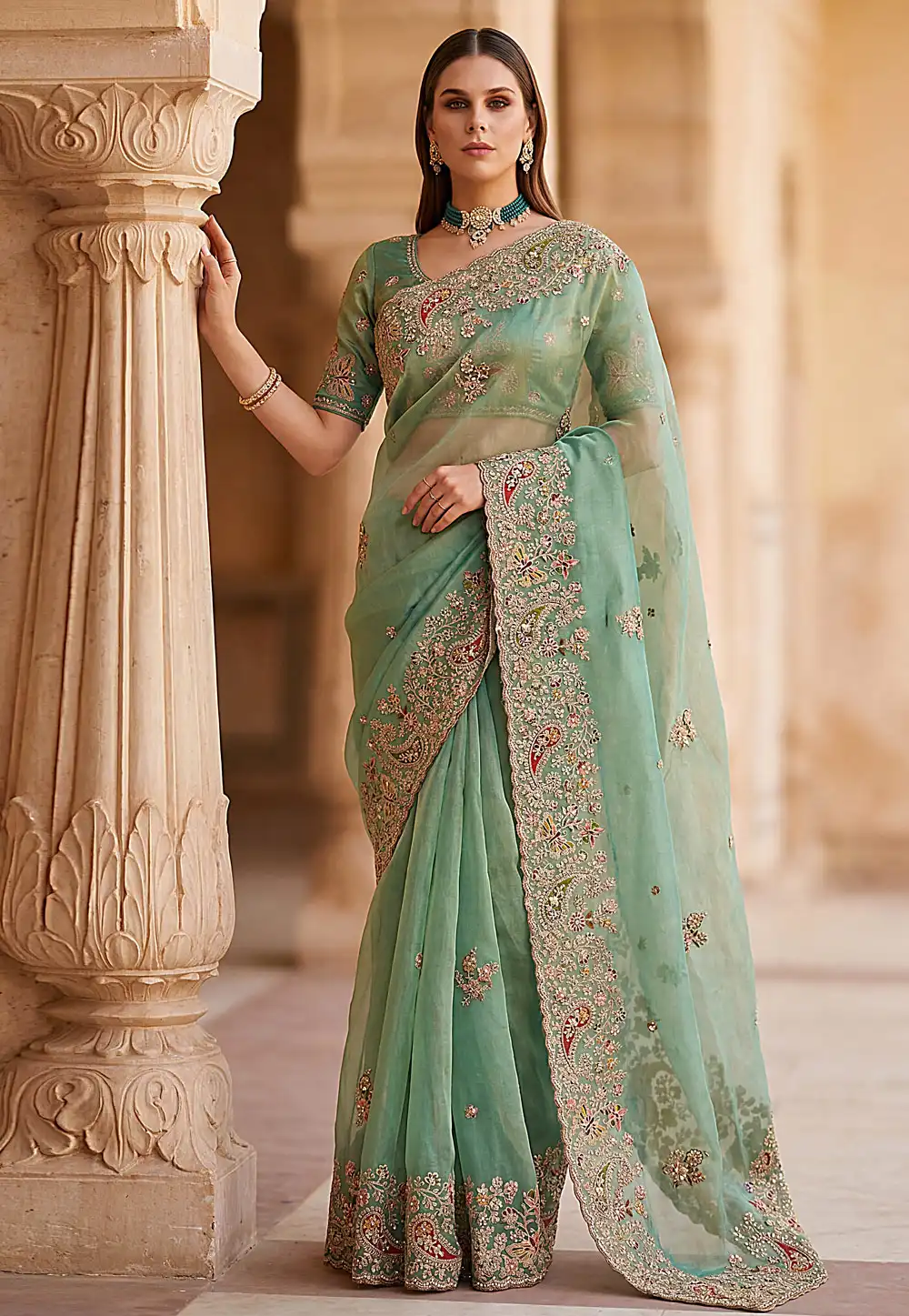 Sea Green Silk Saree With Blouse 327652
