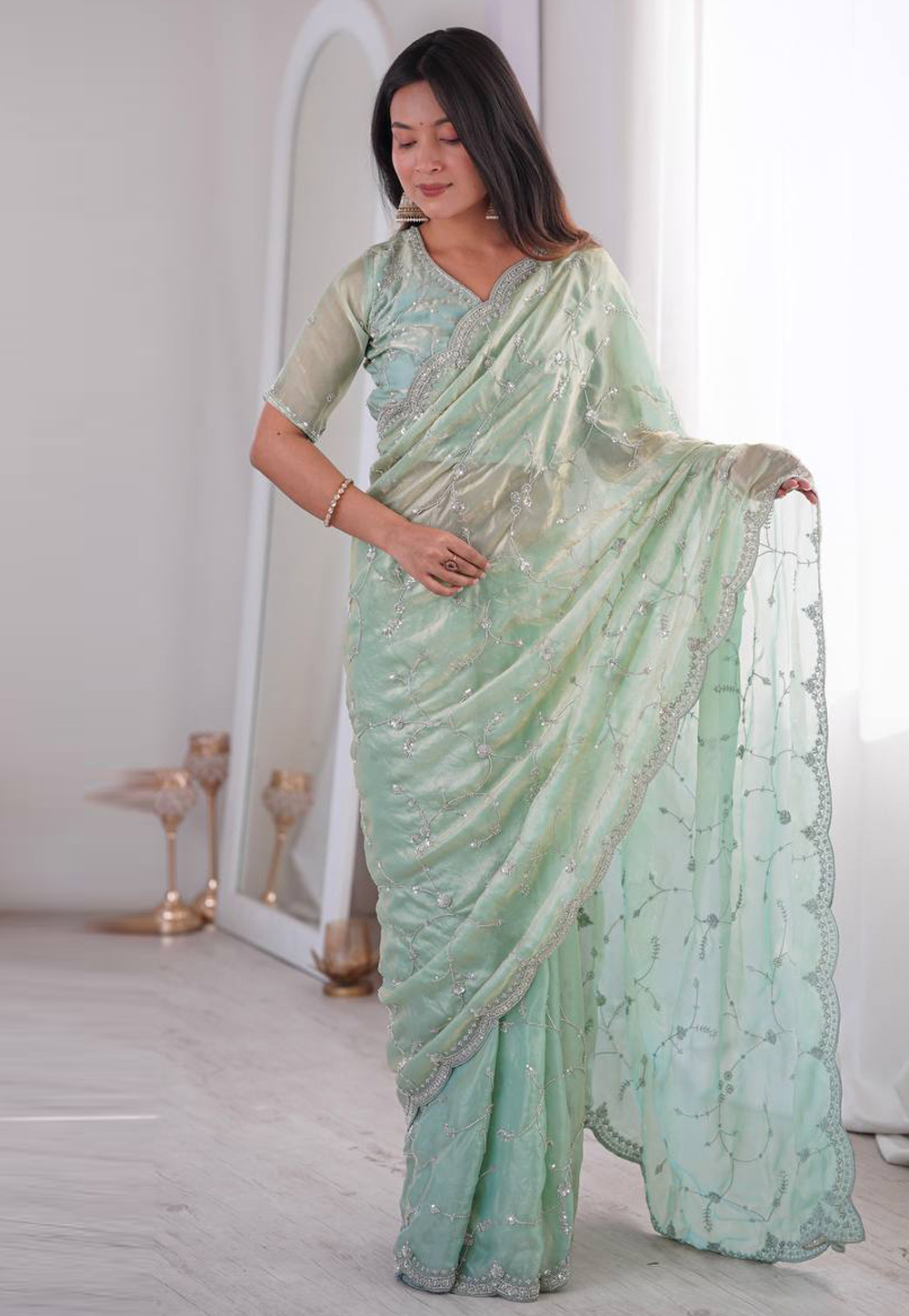 Sea Green Silk Saree With Blouse 327021