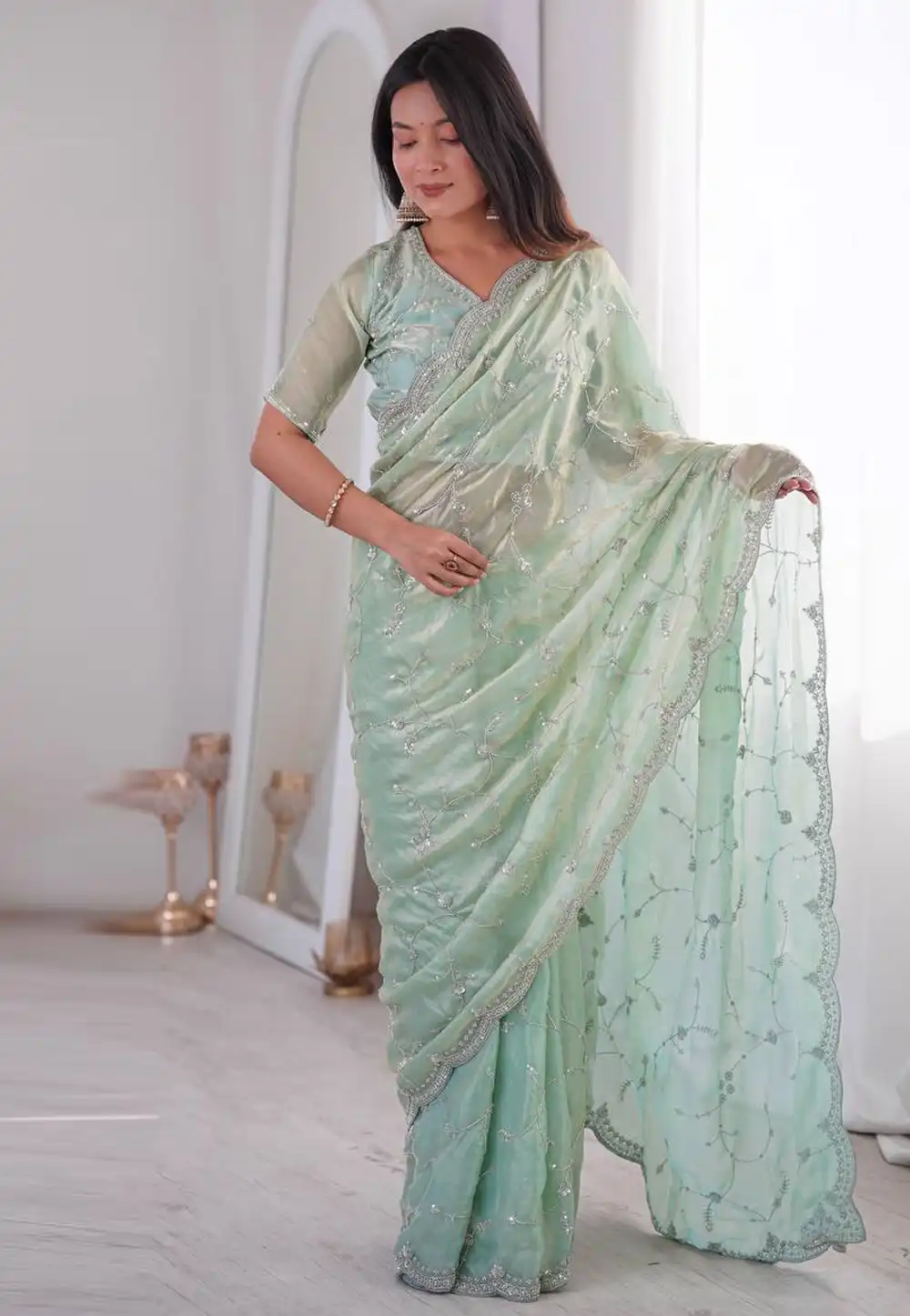 Sea Green Silk Saree With Blouse 327021