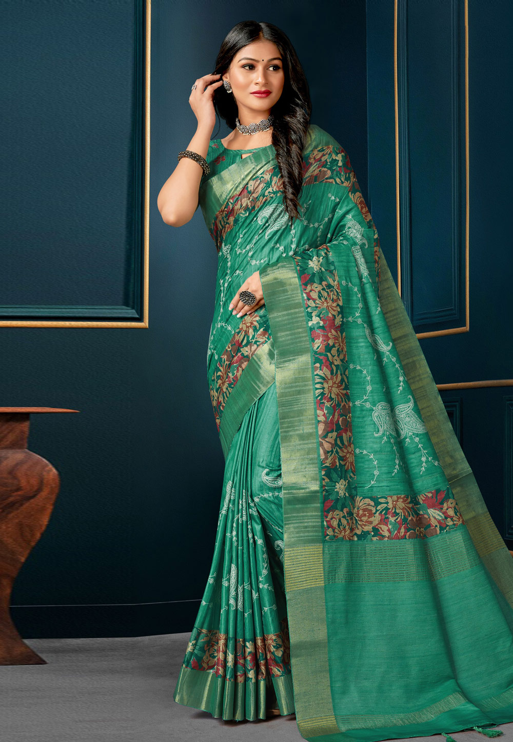 Sea Green Silk Saree With Blouse 279479