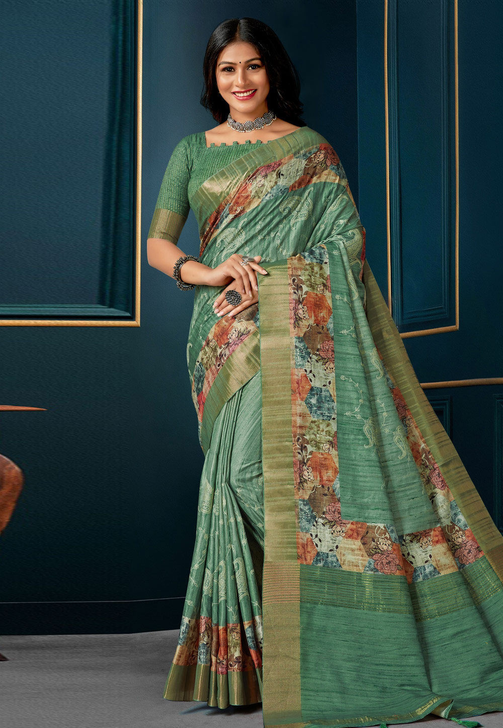 Sea Green Silk Saree With Blouse 279486