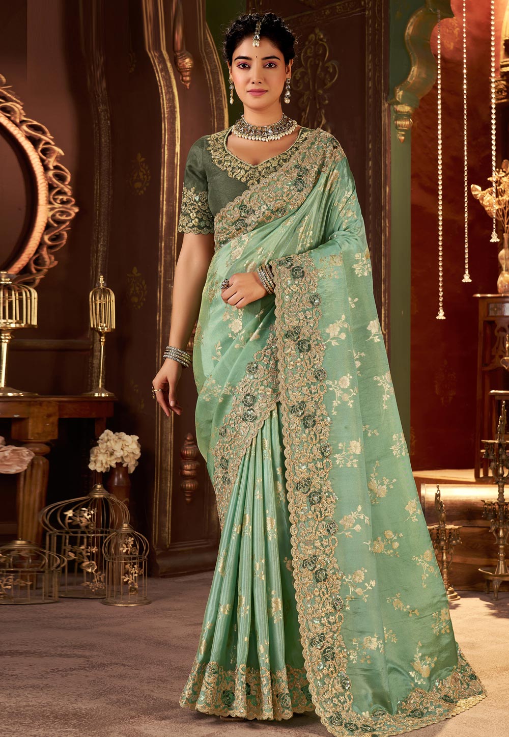 Sea Green Silk Saree With Blouse 321690