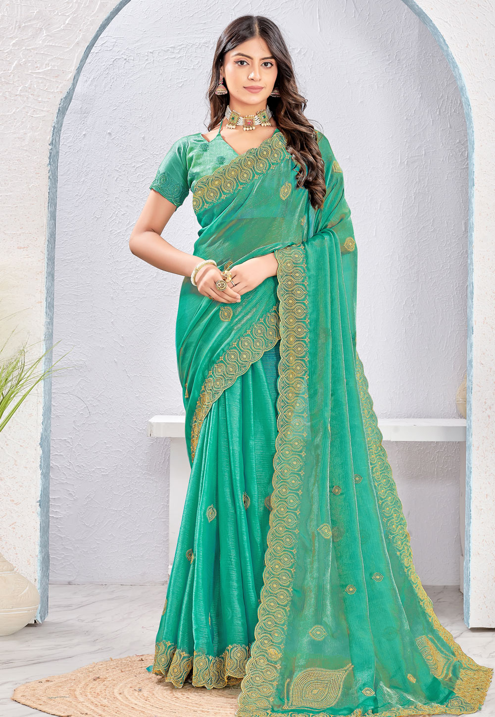 Sea Green Silk Saree With Blouse 311943