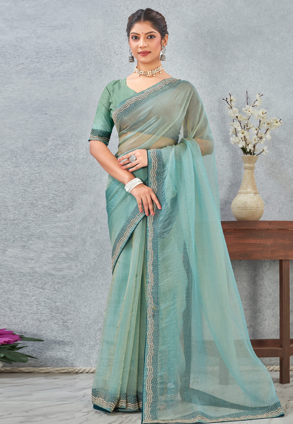 Sea Green Silk Saree With Blouse 318650